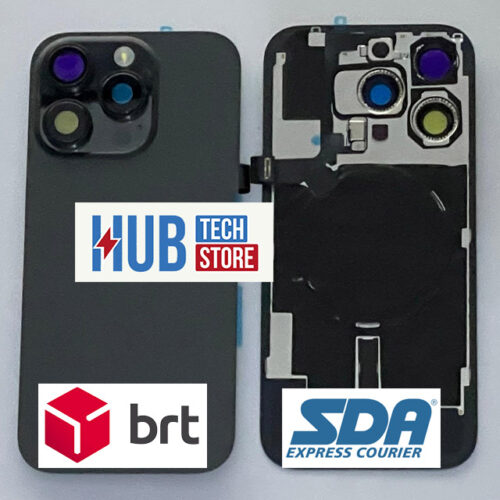 BACK COVER VETRO SCOCCA POSTERIORE IPHONE 15 PRO COMPLETO + MAGSAFE + MODULO WIRELESS + FLASH + TELAIO – TITANIO NERO