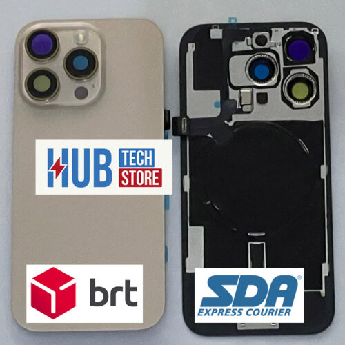 BACK COVER VETRO SCOCCA POSTERIORE IPHONE 16 PRO COMPLETO + MAGSAFE + MODULO WIRELESS + FLASH + TELAIO – TITANIO SABBIA