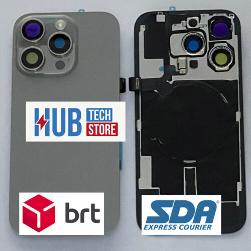 BACK COVER VETRO SCOCCA POSTERIORE PER IPHONE 15 PRO COMPLETO + MAGSAFE + MODULO WIRELESS + FLASH + TELAIO – TITANIO NATURALE