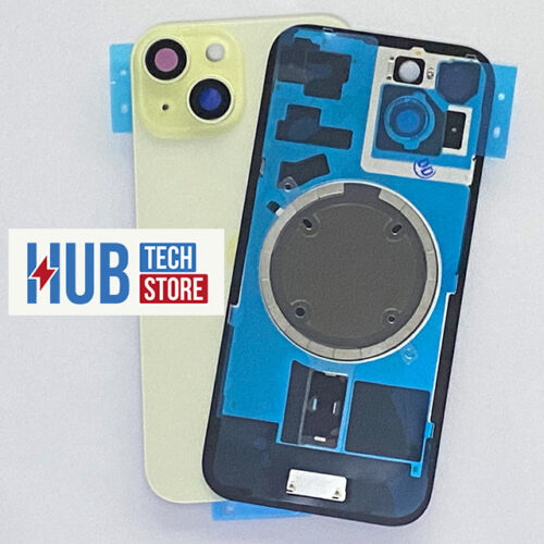 BACK COVER VETRO SCOCCA POSTERIORE PER IPHONE 15 COMPLETO + MAGSAFE + TELAIO - GIALLO